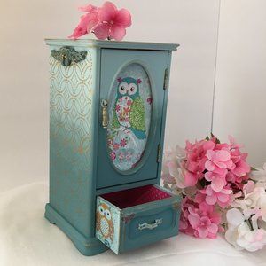 Vintage Wood Jewelry Box Refinished Owl Aqua Gold